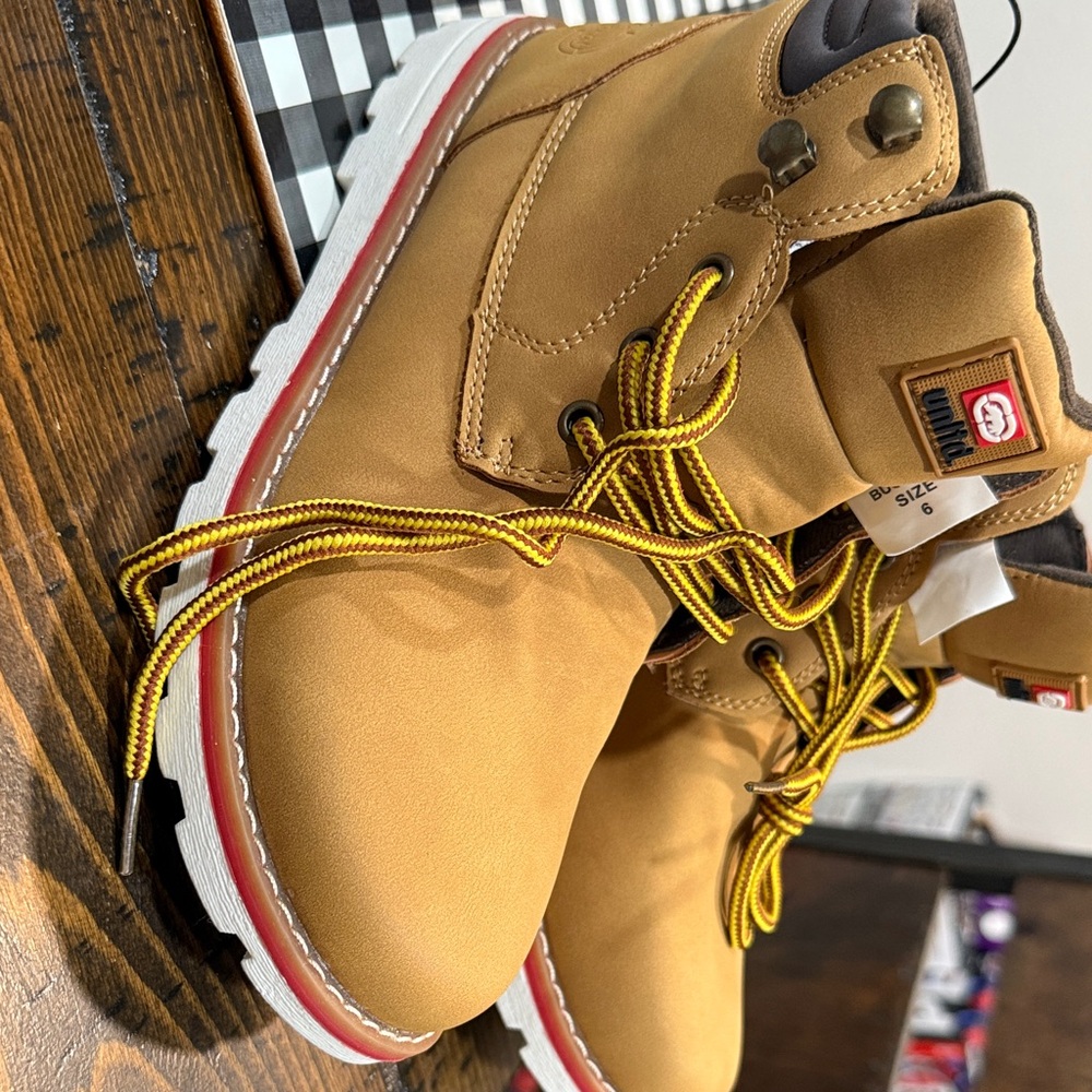 Ecko Unlimited Tan Kids Boots with Yellow Laces